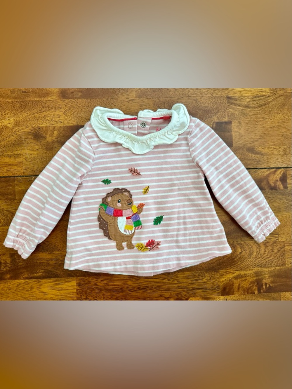 Baby Boden Pink & White Striped Hedgehog Ruffle-Collar Top